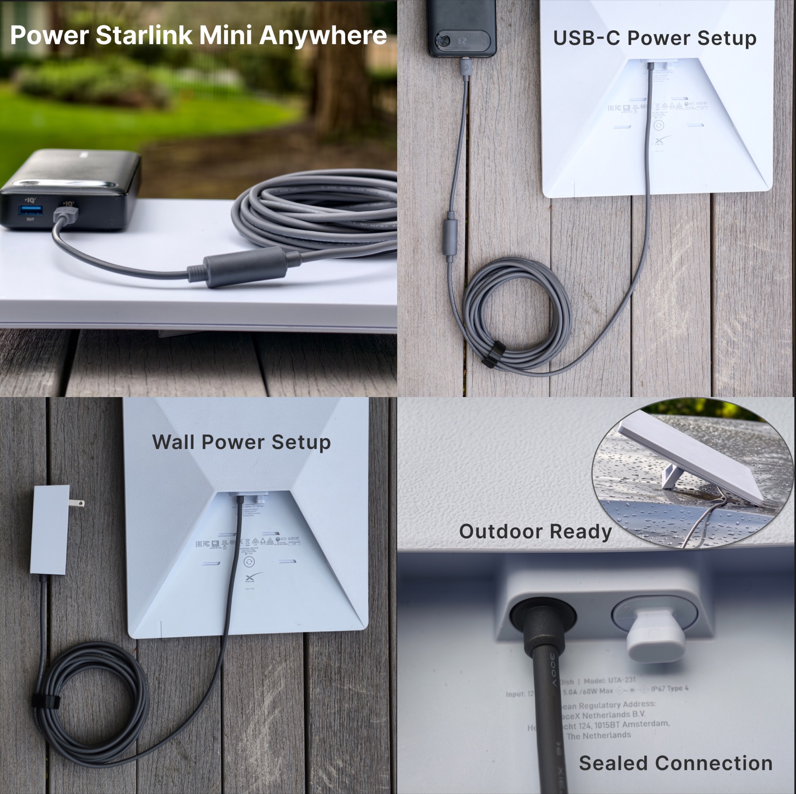 Collage showing Starlink Mini power setup modes including USB-C power, wall power, outdoor use, and a sealed connection detail.